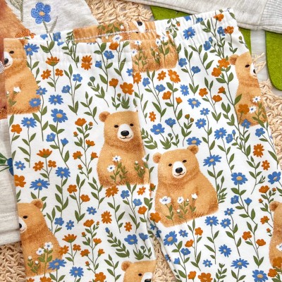 Conj. Blusa Manga Longa Ursa no Jardim e Calça Legging Floral - Mescla